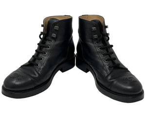 CHANEL Vintage CC Logo Short Boots #36.5 US 6.5 Black Silver Leather Rank AB