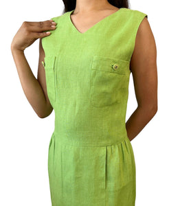 CHANEL Vintage 96P CC Mark Logo Dress #38 Sleeveless Pocket Green Linen Rank AB