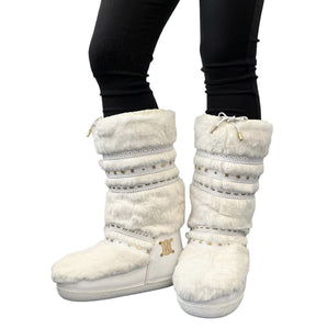 CELINE Vintage Macadam Logo Faux Fur Snow Boots #38-40 US8-10 White Gold RankAB