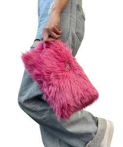 PRADA Vintage Logo Clutch Bag Artificial Fur Leather Zip Pink Silver RankAB+