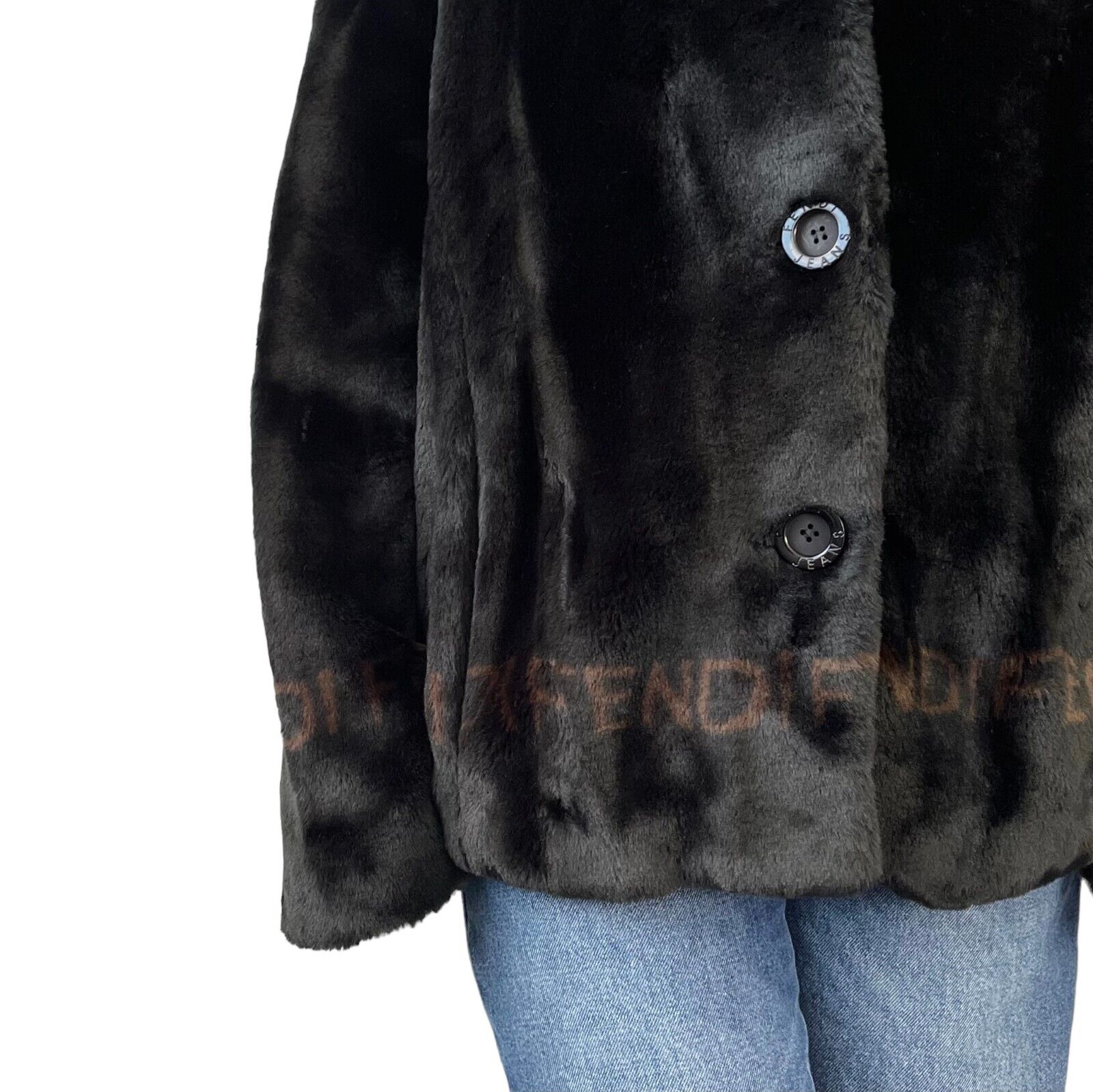 FENDI Vintage Logo Faux Fur Coat #42 Black Modacrylic Jacket Button RankAB