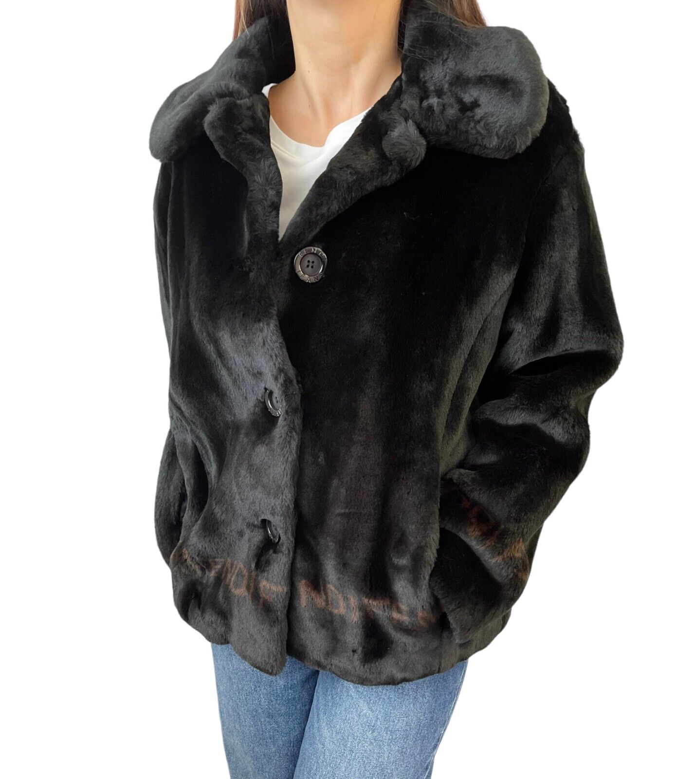 FENDI Vintage Logo Faux Fur Coat #42 Black Modacrylic Jacket Button RankAB