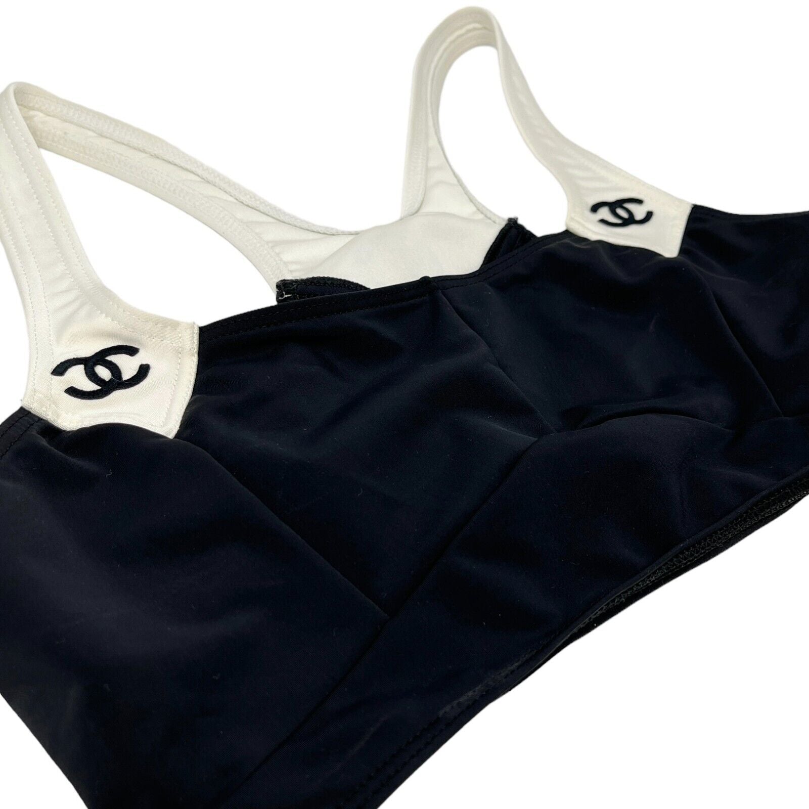 CHANEL Vintage CC Mark Bicolor Swimsuit Bikini #42 Black White Nylon Rank AB