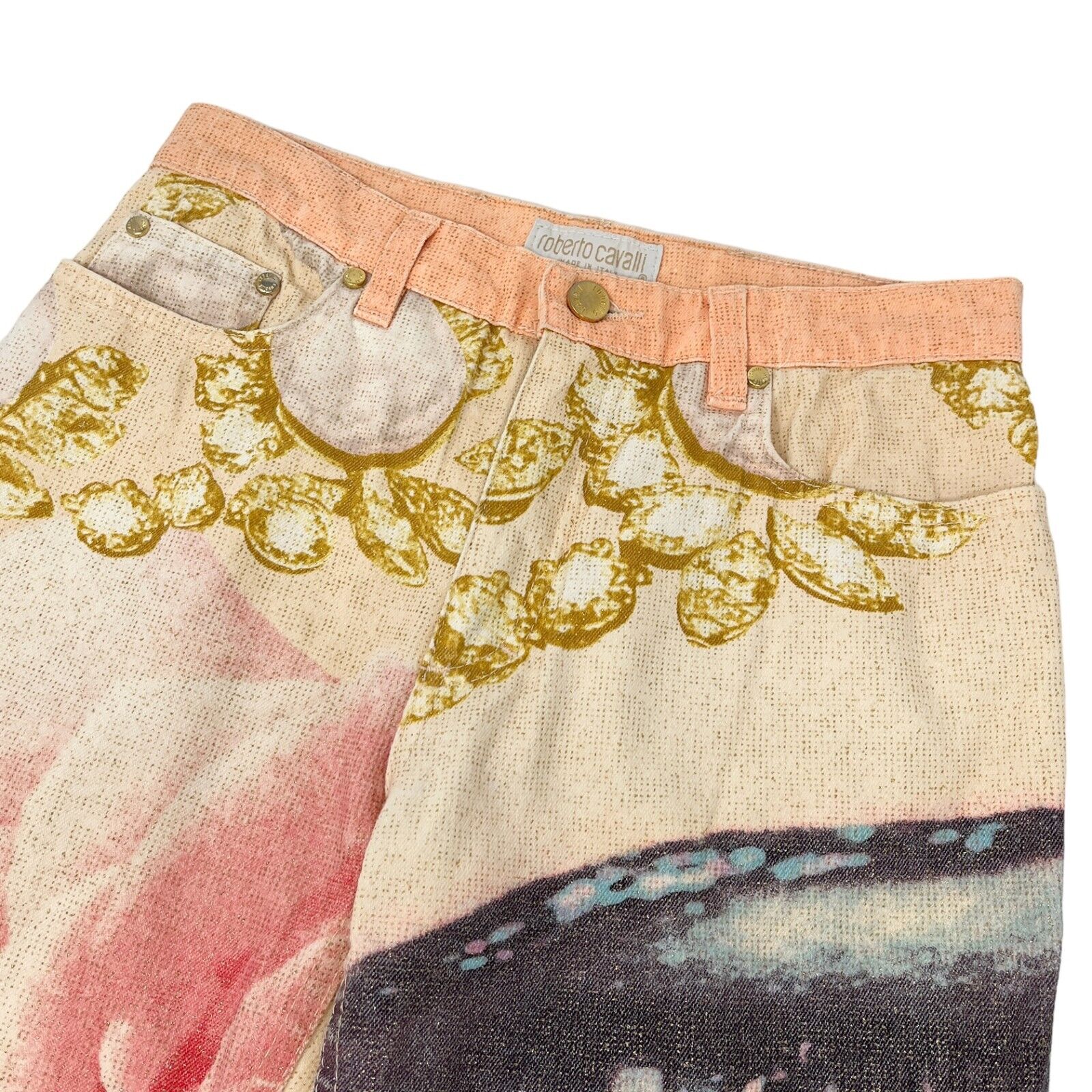 Roberto Cavalli Vintage Logo Jewel Print Pants #XS Glitter Orange Gold RankAB+