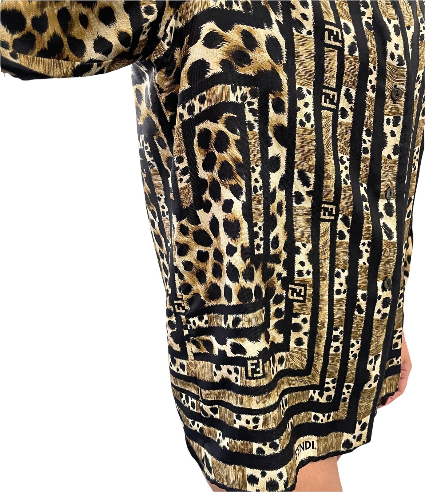 FENDI Vintage Big FF Logo Silk Shirt Top #42 Leopard Brown Black Rank AB+