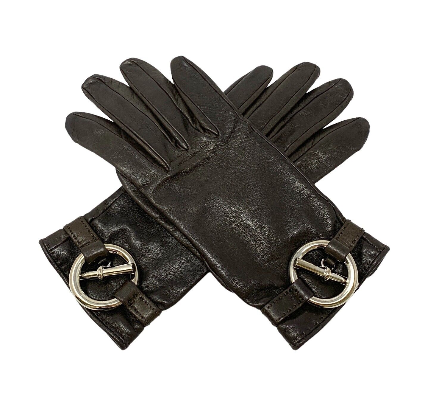HERMES Vintage Leather Glove #6.5 Fashion Winter Accessory Brown Silver Rank AB