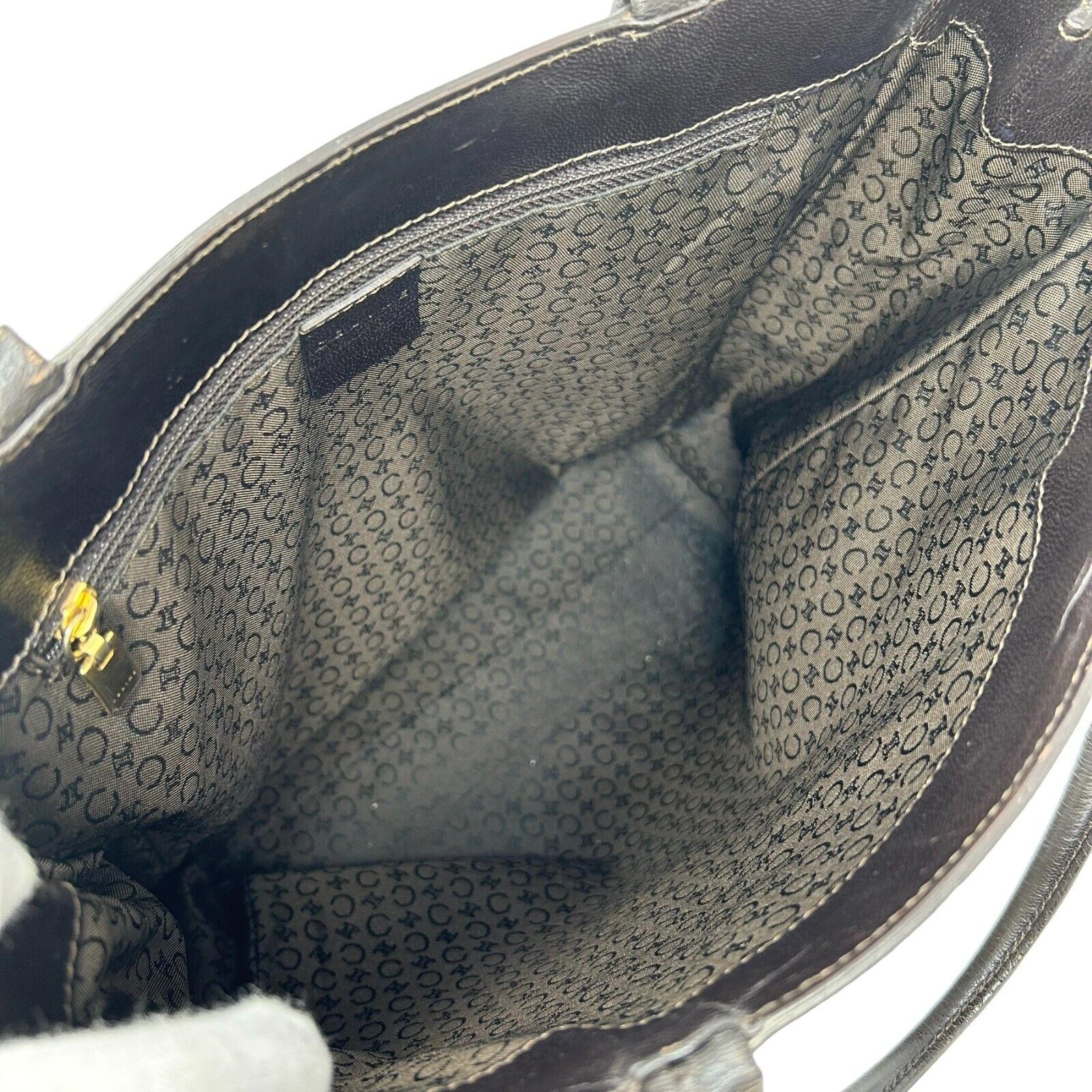 CELINE Vintage Logo Tote Bag Shoulder Bag Brown Beige Gold Leather Cotton RankA