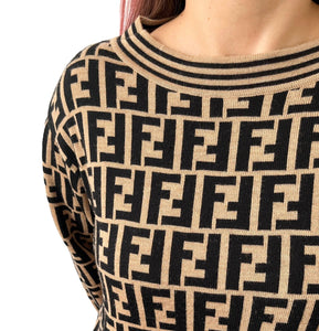 FENDI Vintage Zucca Monogram Sweater Top #42 Pullover Beige Black Wool Rank AB+