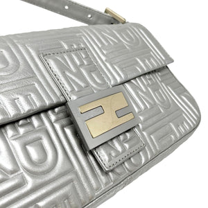 FENDI Vintage FF Logo Mamma Baguette Handbag Silver Leather Rank AB+