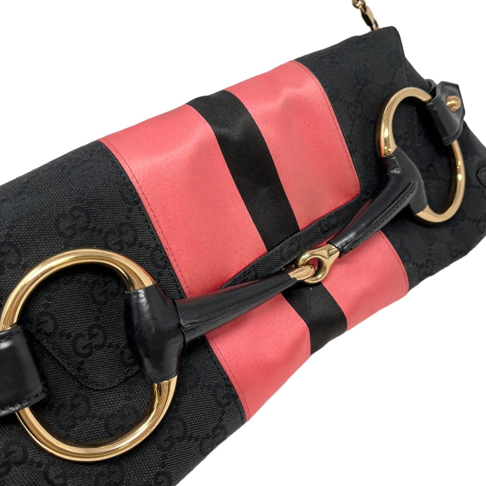 GUCCI Vintage GG Monogram Horsebit Chain Shoulder Bag Black Pink Canvas Rank AB