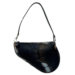 Christian Dior Vintage Logo Saddle Bag Black Blue Calf Hair Tie Dye Zip RankB