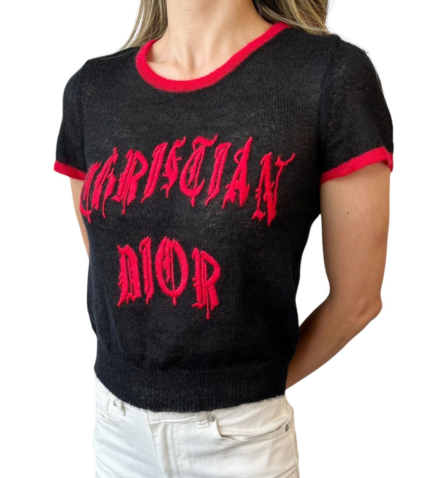 Christian Dior Vintage Calligraphy Gothic Knit Top #38 1974 Black Mohair Rank AB
