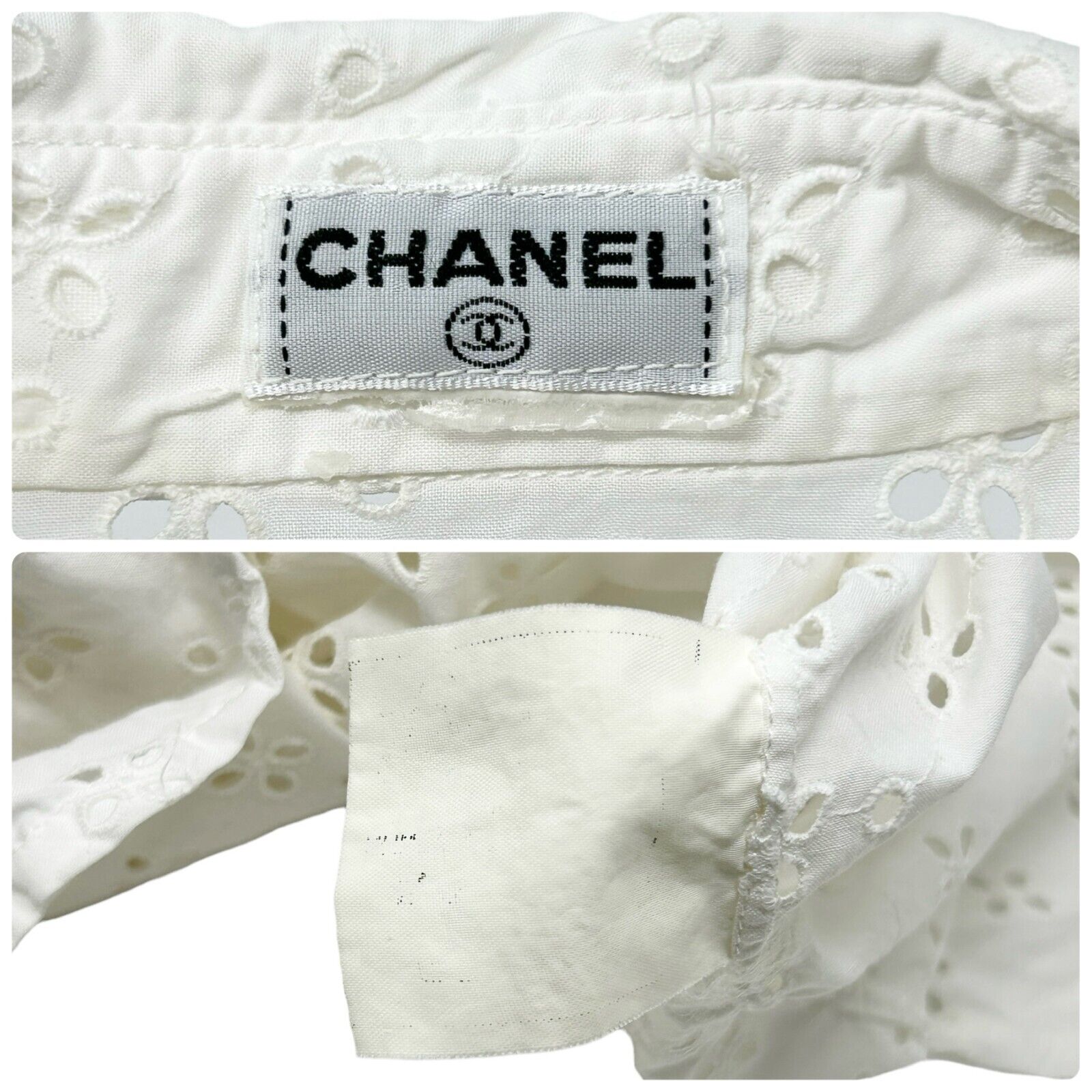 CHANEL Vintage Coco Mark Logo Punching Shirt Blouse White Cotton Button RankAB