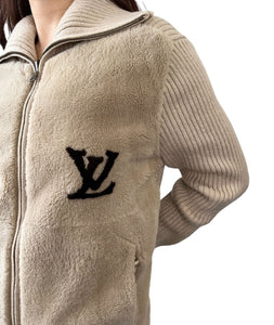 LOUIS VUITTON Vintage LV Logo Knit Jacket #L Light Brown Fur Wool Zip RankAB