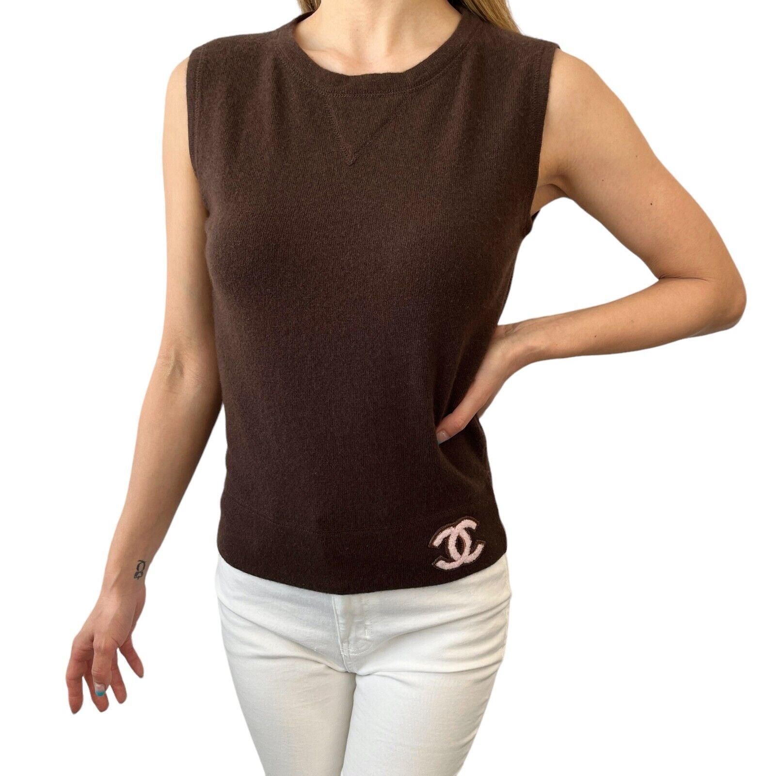 CHANEL Vintage 01A Coco Mark Logo Knit Tank Top Brown Cashmere Rank AB
