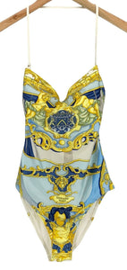 HERMES Vintage Swimsuit Swimwear Dress #38 Gold Light Blue Rank AB