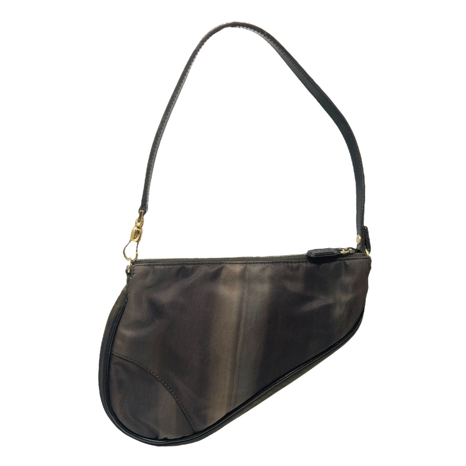 Christian Dior Vintage Logo Saddle Bag Shoulder Bag Brown Gold Nylon Zip RankAB