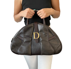 Christian Dior Vintage Logo Double Saddle Bag Zip Padlock Brown Leather Rank AB