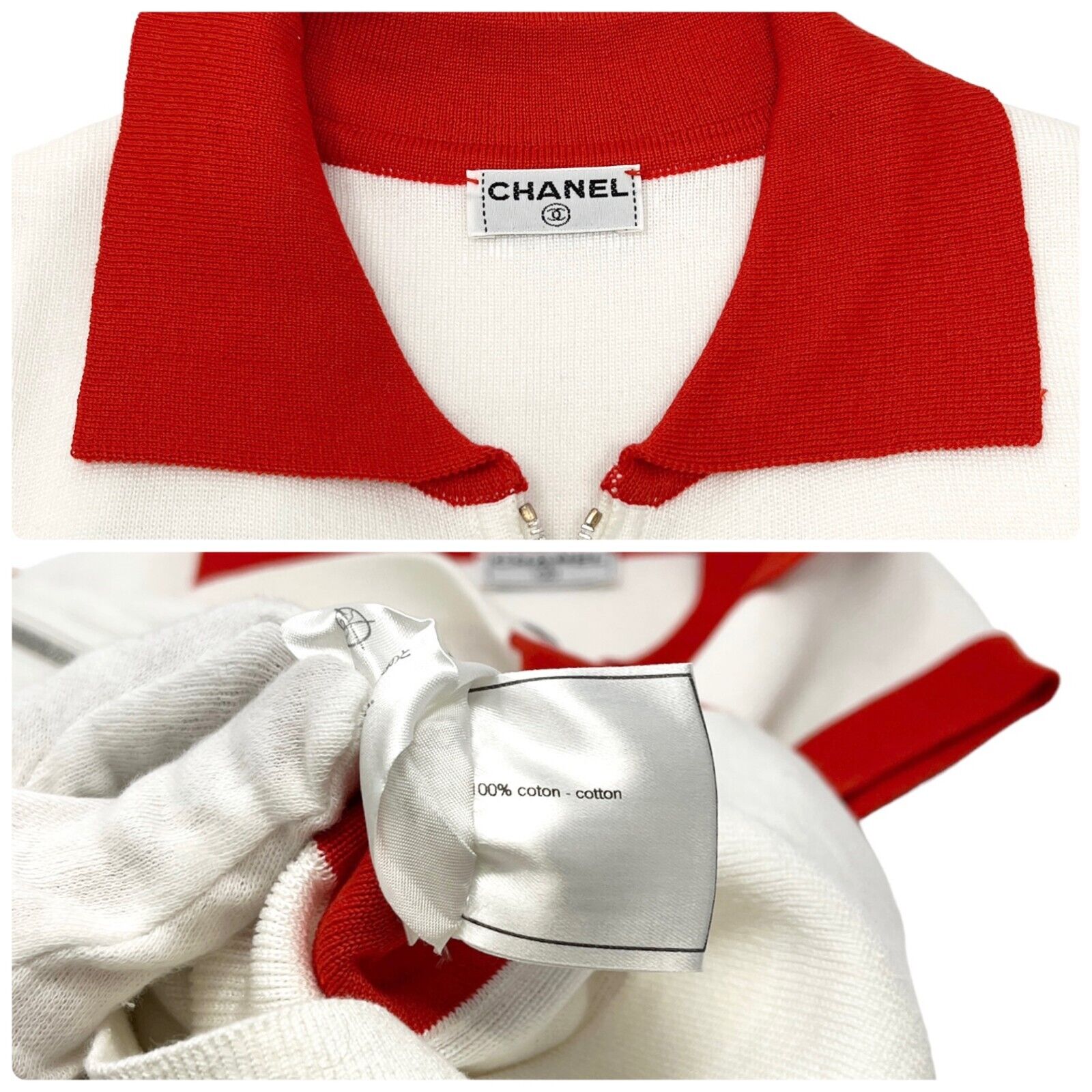 CHANEL Vintage Coco Mark Logo Tank Top Polo Zip White Red Cotton Rank AB