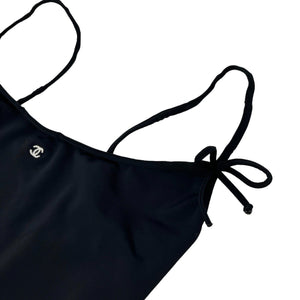 CHANEL Vintage CC Mark Logo Swimsuit #38 One-piece Ribbon Black Nylon Rank AB