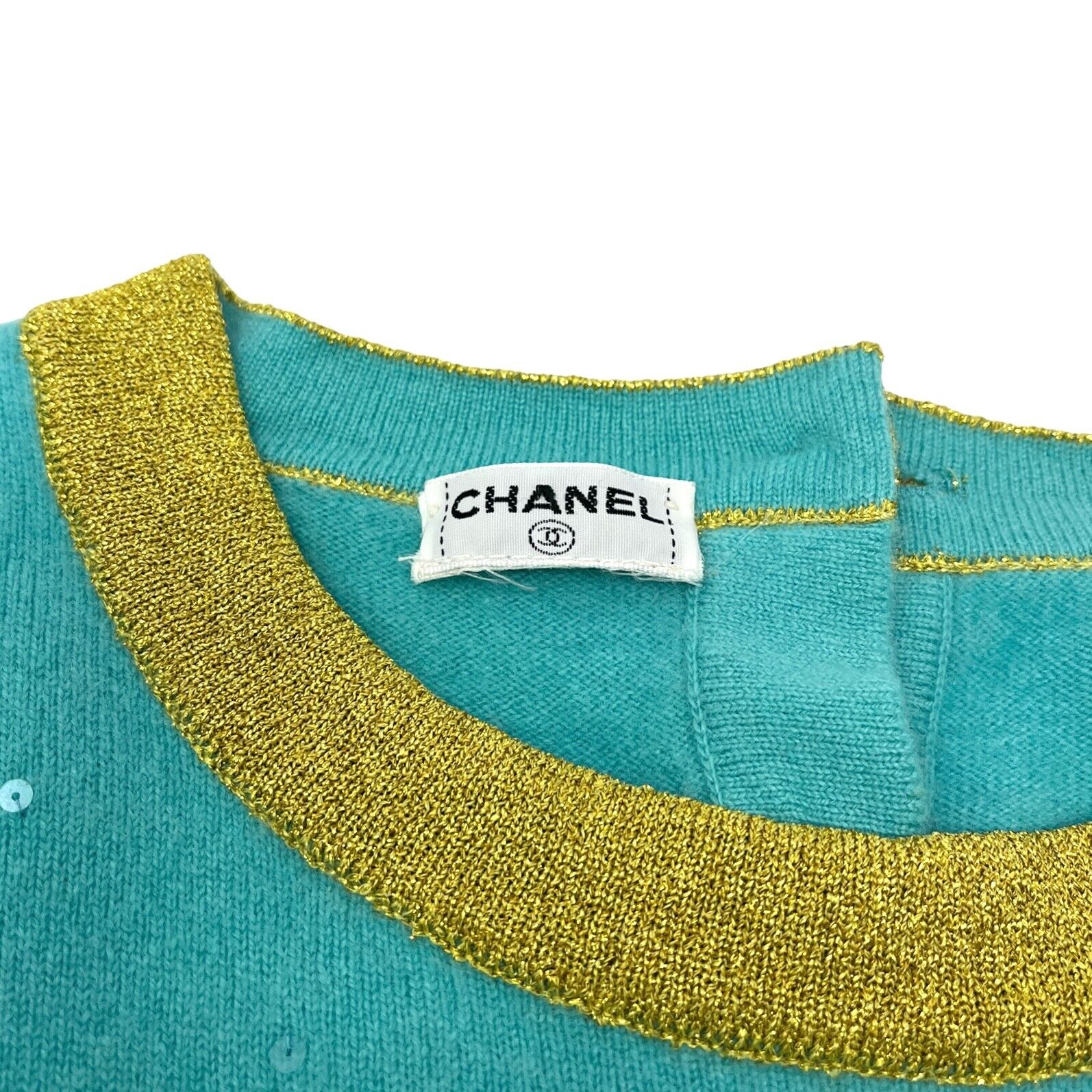 CHANEL Vintage 96A CC Logo Sweater Top Cropped Top Glitter Sequins Blue RankAB