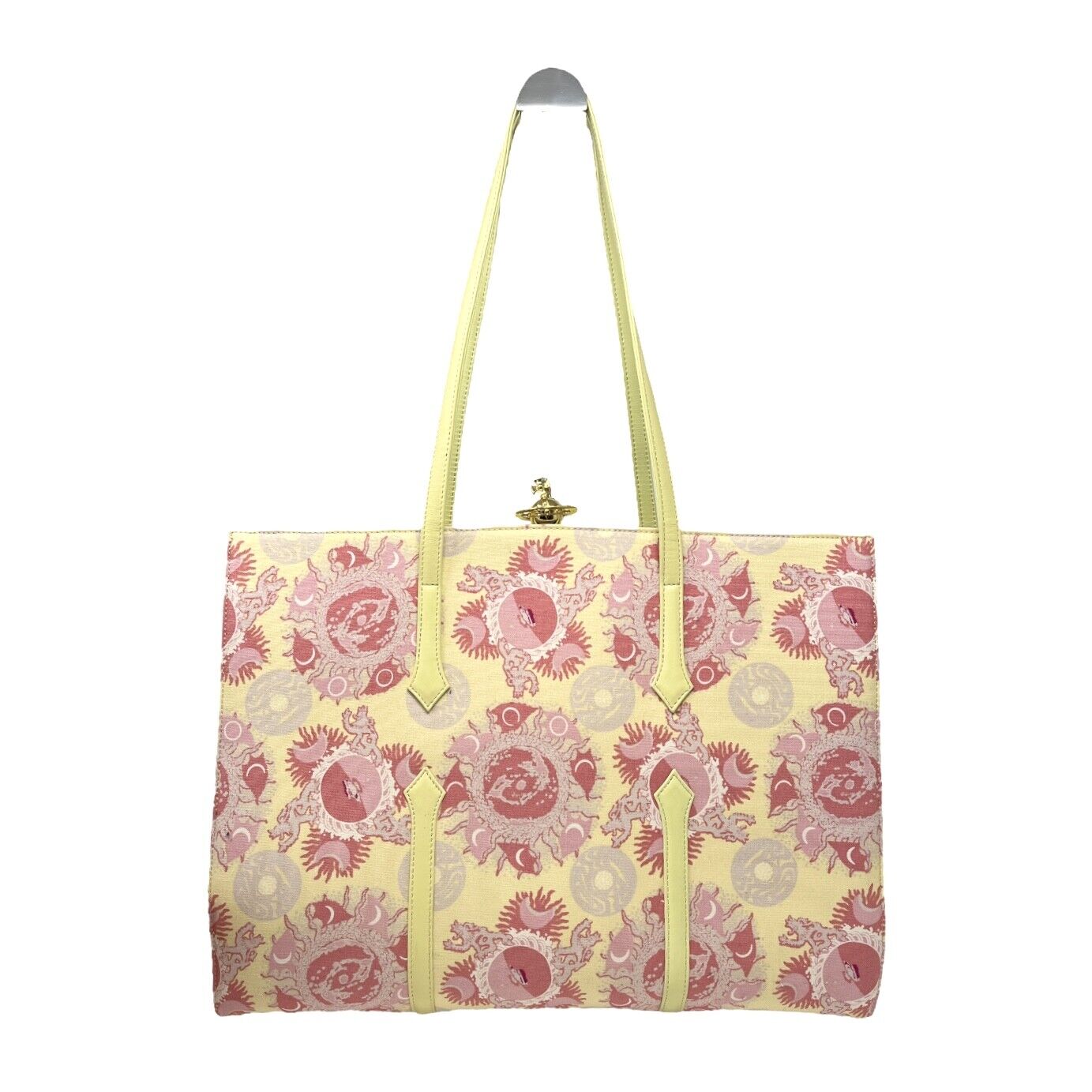 Vivienne Westwood Vintage Orb Tote Bag Handbag Frame Yellow Pink Canvas RankAB