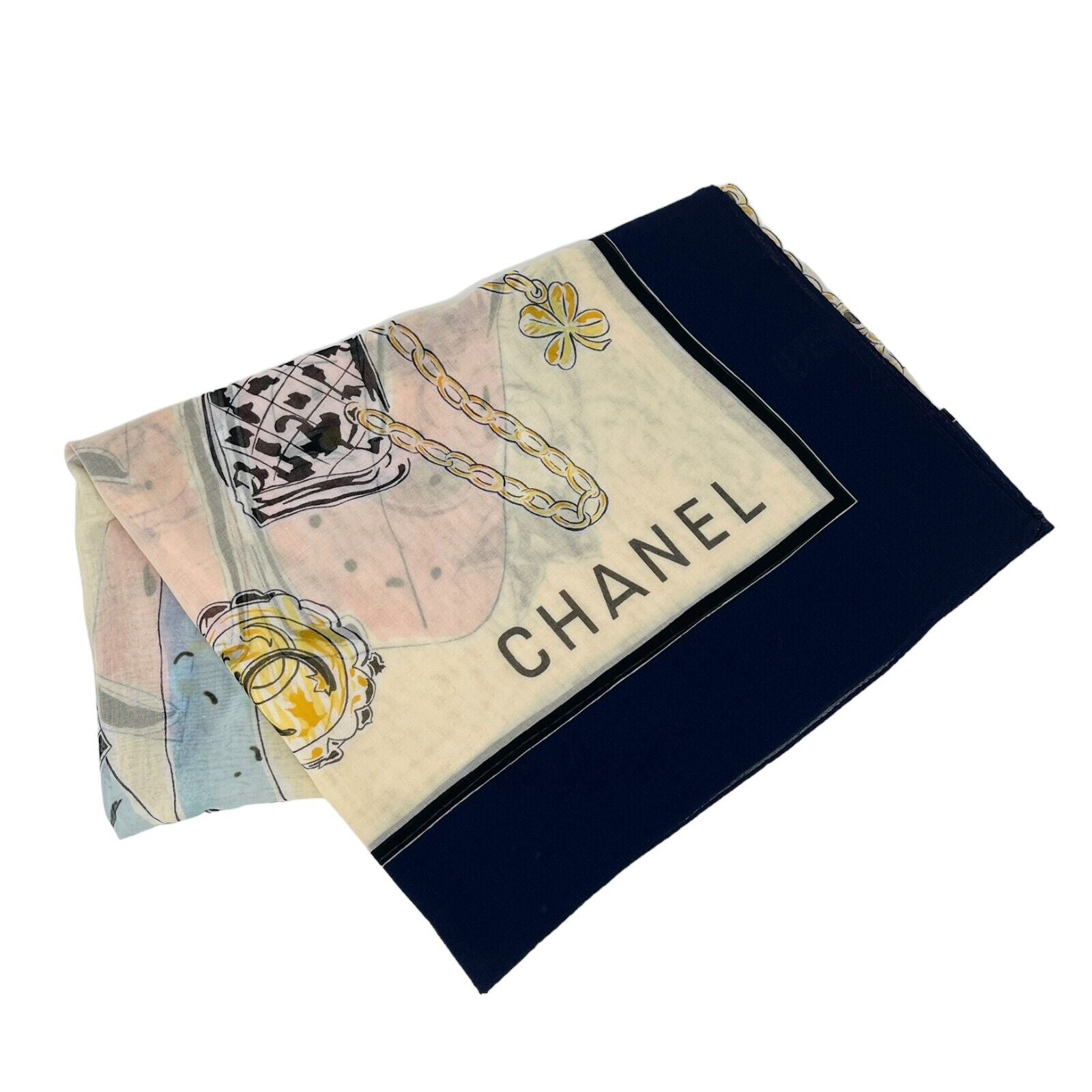CHANEL Vintage Big Logo Scarf Shawl Wrap Paleo Cream Blue Cotton Rank AB