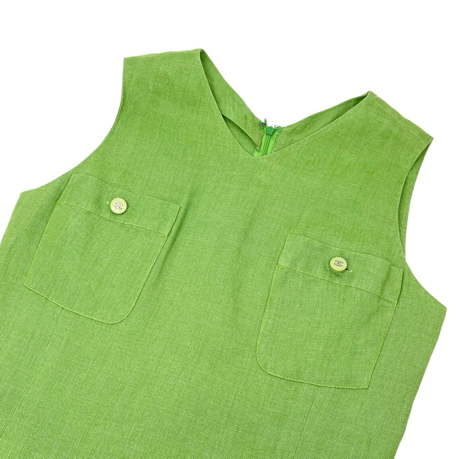 CHANEL Vintage 96P CC Mark Logo Dress #38 Sleeveless Pocket Green Linen Rank AB