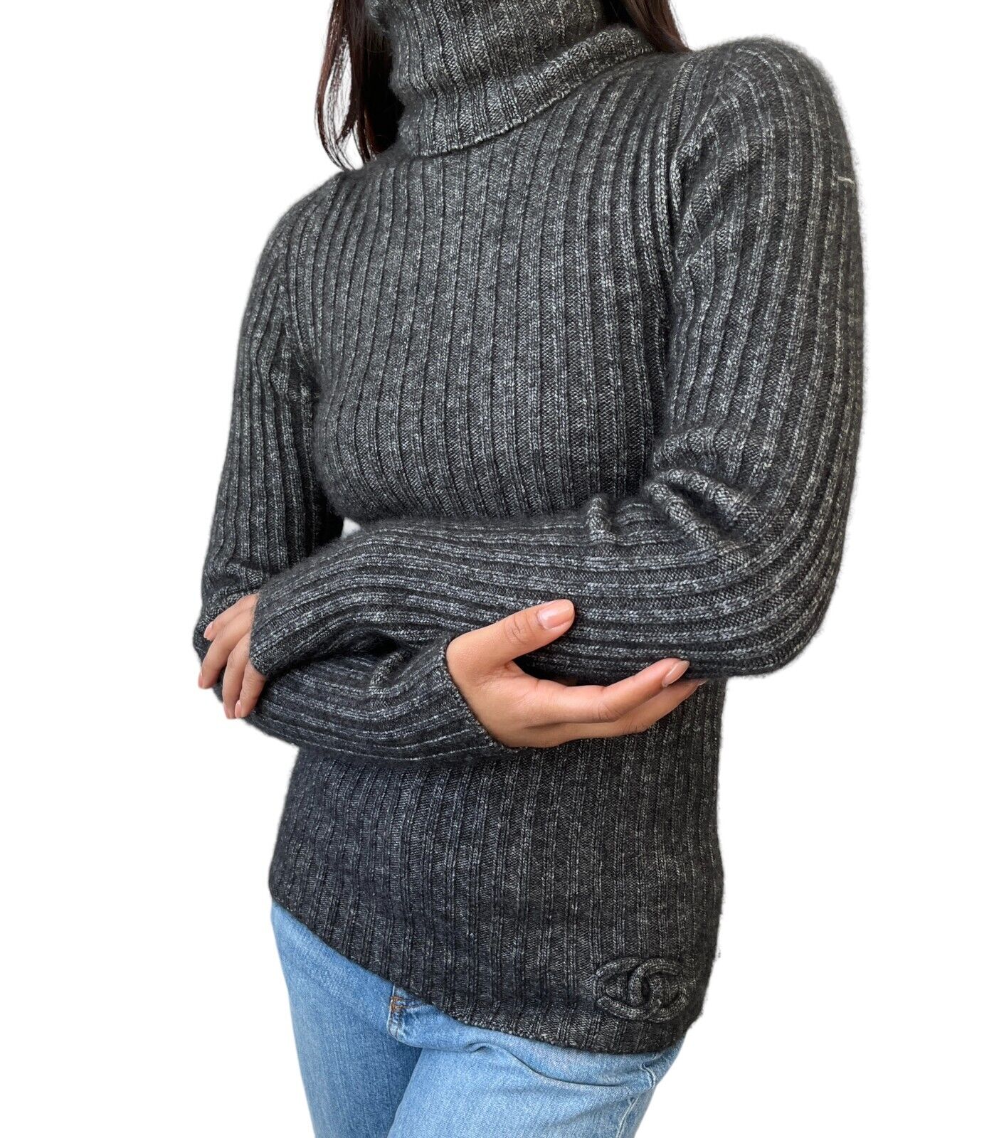 CHANEL Vintage P44578 CC Mark Turtleneck Sweater Top #36 Gray Cashmere RankAB+